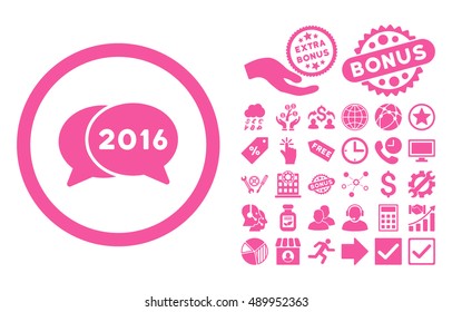 2016 Chat icon with bonus clip art. Vector illustration style is flat iconic symbols, pink color, white background.