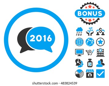 2016 Chat icon with bonus pictogram. Vector illustration style is flat iconic bicolor symbols, blue and gray colors, white background.