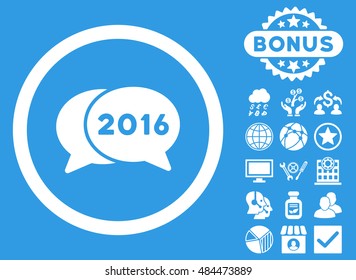 2016 Chat icon with bonus pictures. Vector illustration style is flat iconic symbols, white color, blue background.