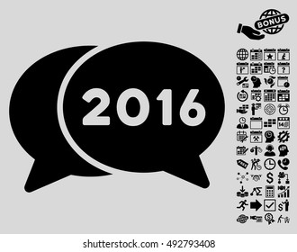 2016 Chat pictograph with bonus calendar and time management symbols. Vector illustration style is flat iconic symbols, black color, light gray background.