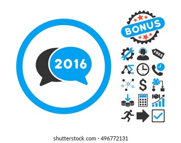 2016 Chat pictograph with bonus icon set. Vector illustration style is flat iconic bicolor symbols, blue and gray colors, white background.