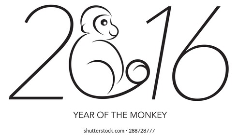 2016 Chines Lunar New Year of the Monkey Black and White Line Art with Text and Year Numerals Vector Illustration