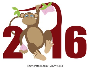 2016 Chinese Lunar New Year of the Monkey on Tree Branch Numerals Isolated on White Background Color Vector Illustration