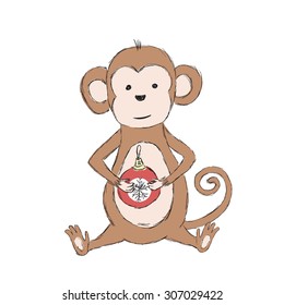 2016 Chinese Lunar New Year Monkey Holding Christmas Ball in Paws. Vector Illustration