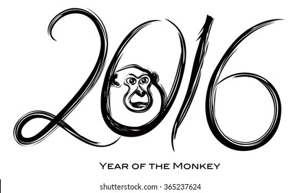 2016 Chinese New Year of the Monkey Black Ink Brush Strokes Calligraphy on White Background Illustration