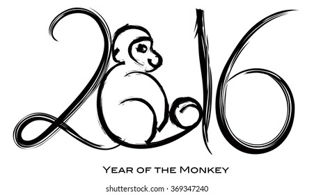 2016 Chinese New Year of the Monkey with Peach Black Ink Brush Strokes Calligraphy on White Background Vector Illustration