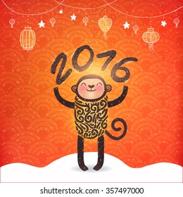 2016 Chinese New Year postcard with cute ornamental monkey. Celebration poster. Adorable animal vector.