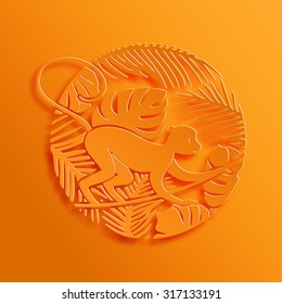 2016 Chinese New Year Symbol. Decorative Monkey in Jungle. Paper Cutting Oriental Tradition Style Illustration.