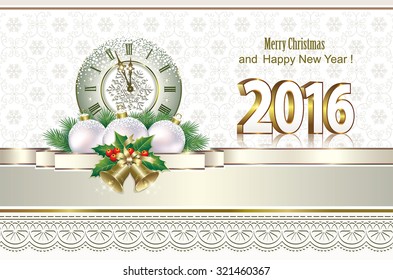 2016 Christmas card with balls, bells and clock.