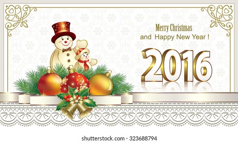 2016 Christmas card with balls, bells and snowman.