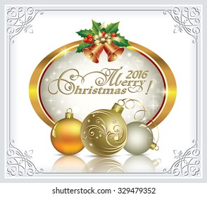 2016 Christmas card with balls and bells in a frame