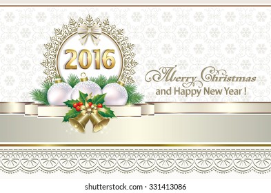 2016 Christmas card with balls and bells on the background of the ornament