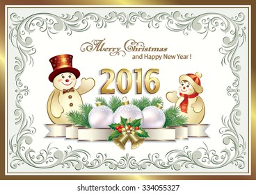 2016 Christmas card with balls, bells and snowman in a frame with an ornament