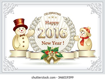 2016 Christmas card with balls, bells and snowman in a frame with an ornament