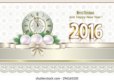 2016 Christmas card with balls and clock.