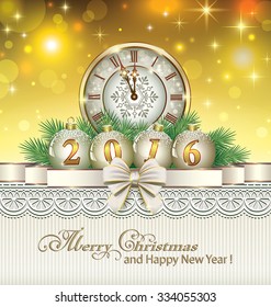 2016 Christmas card with balls and a clock on the background of the ornament