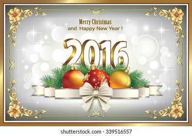 2016 Christmas card with balls in frame with an ornament