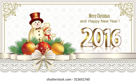 2016 Christmas card with balls and snowman.