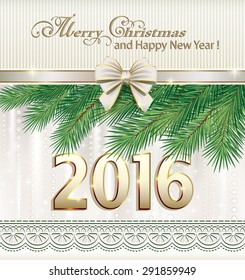 2016 Christmas card with a bow and decorations.