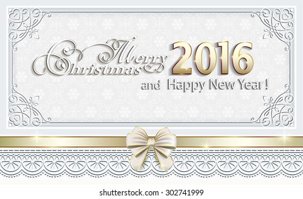 2016 Christmas card with a bow and ornament.