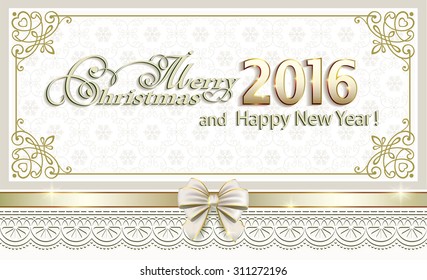 2016 Christmas card with a bow and ornament.