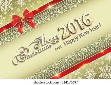 2016 Christmas card with a bow and ornament.