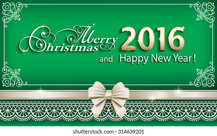 2016 Christmas card with a bow and ornament.