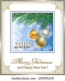 2016 Christmas card in the box with Christmas balls.