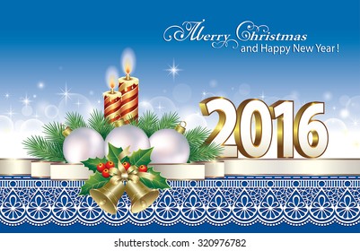2016 Christmas card with candles, balls and bells