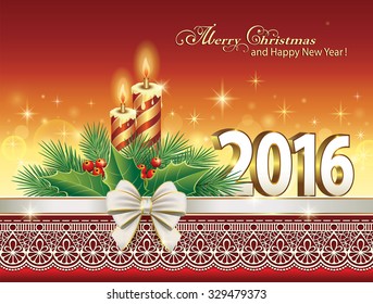 2016 Christmas card with candles on the background of the ornament