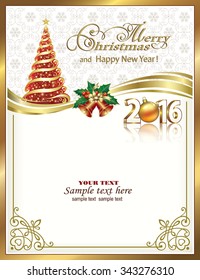 2016 Christmas card with fir and bells in a frame with an ornament