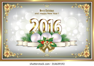 2016 Christmas card in frame with balls and bells.