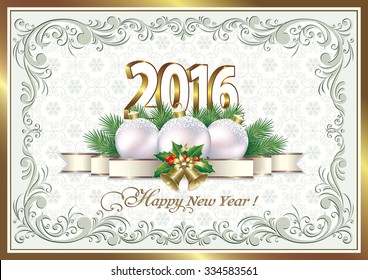 2016 Christmas card in frame with balls and bells.