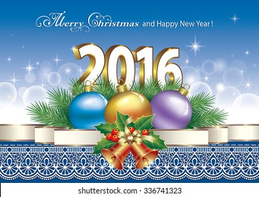 2016 Christmas card in frame with balls and bells
