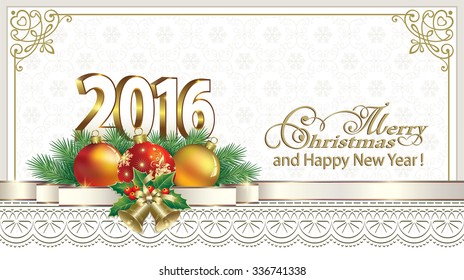 2016 Christmas card in frame with balls and bells