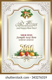 2016 Christmas card in frame with balls and bells