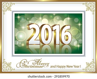 2016 Christmas card framed with ornaments.