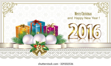 2016 Christmas card with gifts and decorations.