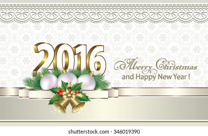 2016 Christmas card with gifts and decorations.