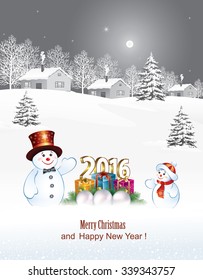 2016 Christmas card with a snowman and gifts on the background of nature