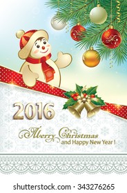 2016 Christmas card with a snowman on the background of fir branches with balls