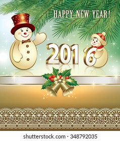 2016 Christmas card with a snowman on the background of fir branches