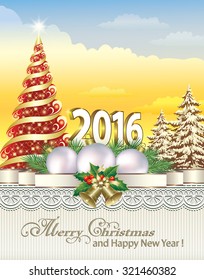 2016 Christmas card with Christmas tree, balls and bells