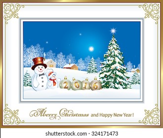 2016 Christmas card with a Christmas tree, balls and snowmen