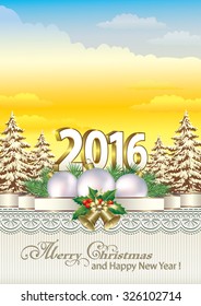 2016 Christmas card with Christmas tree, balls and bells