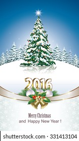 2016 Christmas card with Christmas tree, balls and bells on the background of nature