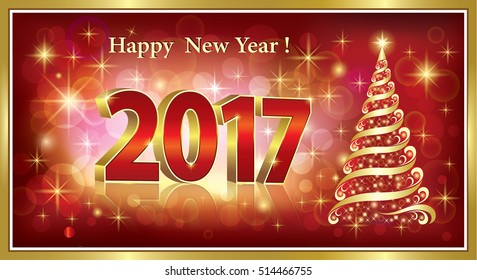 2016 Christmas card with a Christmas tree in a frame on a red background