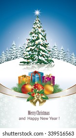 2016 Christmas card with Christmas tree and gifts on the background of nature