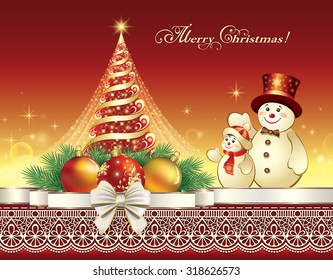 2016 Christmas card with a Christmas tree and snowman