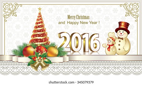 2016 Christmas card with a Christmas tree with snowman, bells and balls in the frame